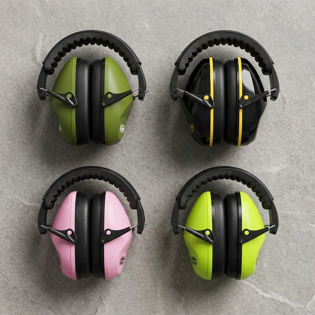 Folded, travel-friendly layout of Dr. Meter compact earmuffs in various colors