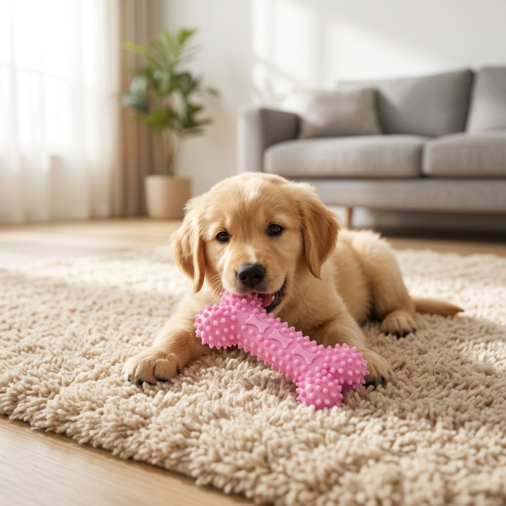 Playful puppy chewing on the pink bone toy from the 6pcs chew toy set