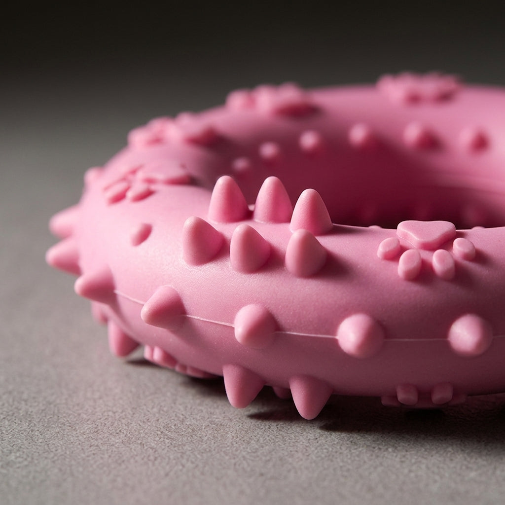 Close-up detail of the textured nubs on the pink rubber puppy teething toy