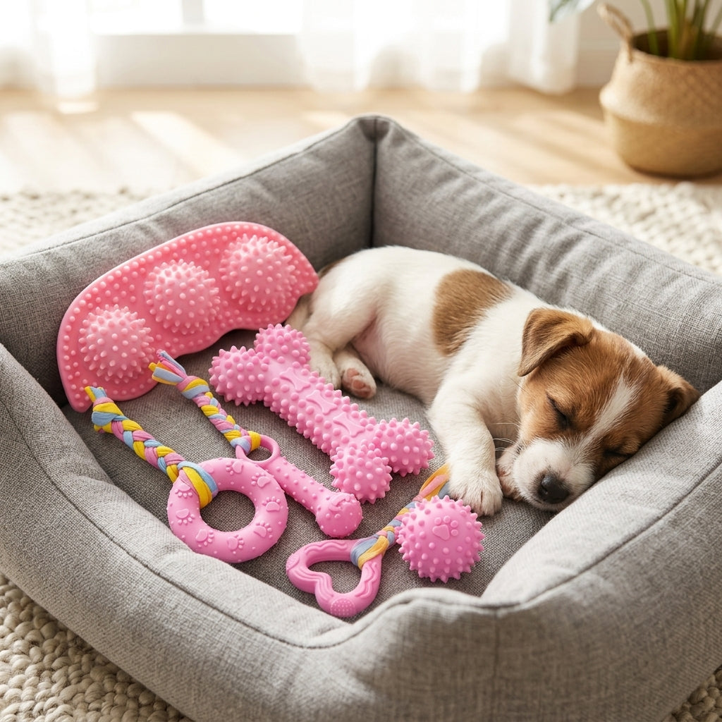 Cosy dog bed with a puppy resting alongside the pink puppy chew toys