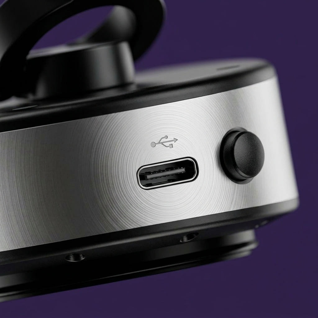Macro detail of USB-C charging port and release button on phone mount base