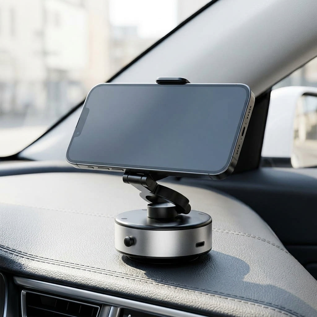 Magnetic car phone holder installed on dashboard in daylight car interior