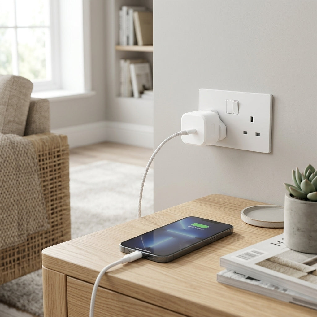 MoveTeck 20W USB-C UK charger in a bright living room lifestyle setting