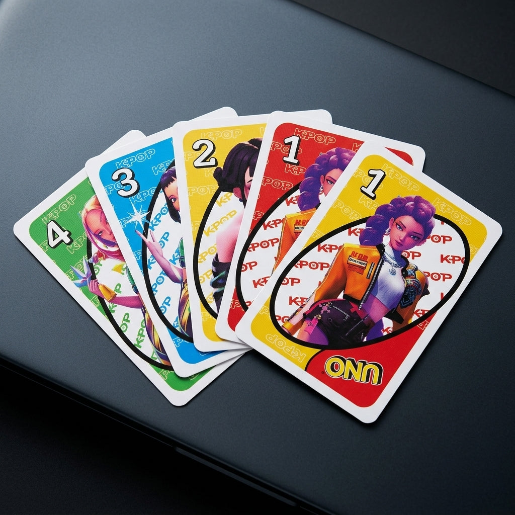 Detail close-up of illustrated K-Pop Demon Hunters cards