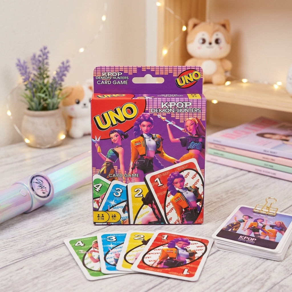 K-Pop Demon Hunters UNO card box with aesthetic room decor