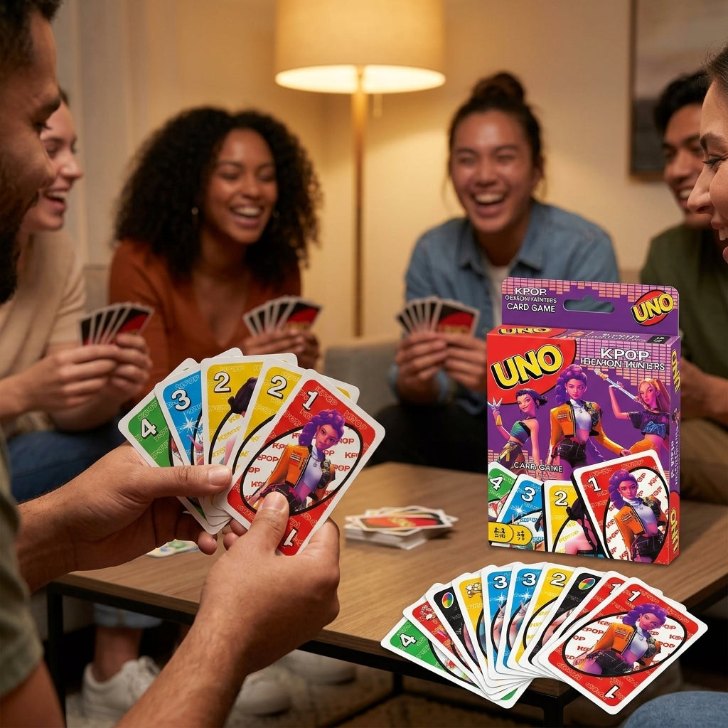Playing K-Pop Demon Hunters UNO card game with friends