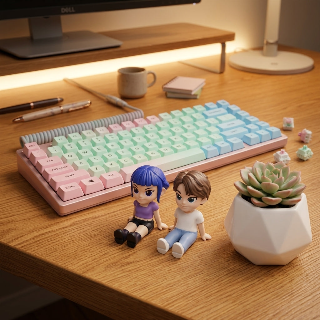 K-Pop Demon Hunters Mini Figures displayed on a stylish desk aesthetic