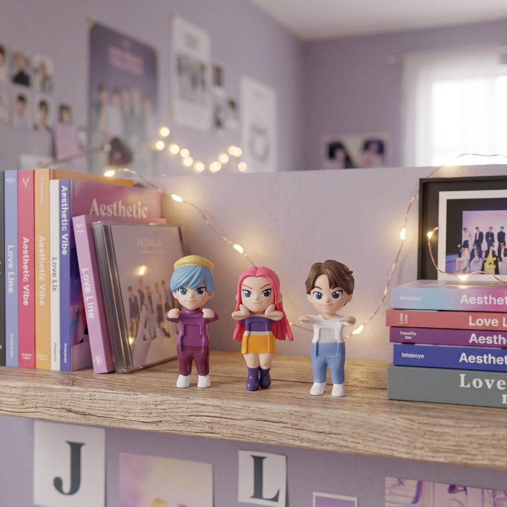 K-Pop Demon Hunters Mini Figures stylized on a bedroom shelf