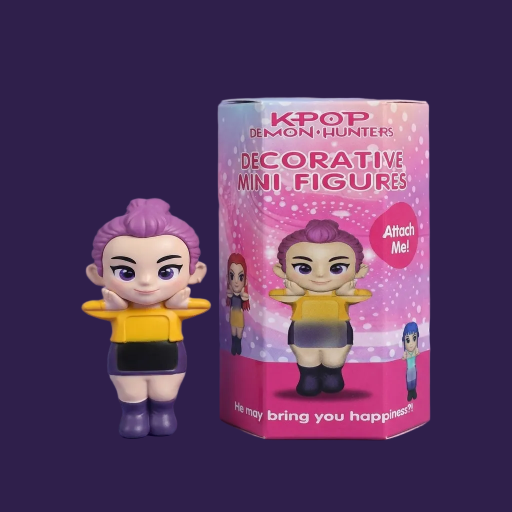 K-Pop Demon Hunters Mini Figure and its blind box packaging on a purple background