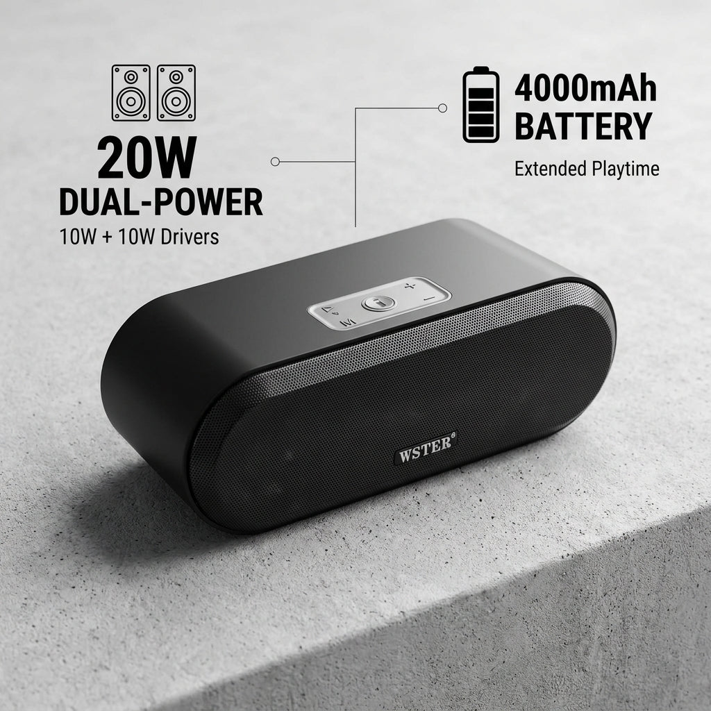 WSTER JC-820 wireless speaker on a modern desk surface highlighting 20W dual-power design