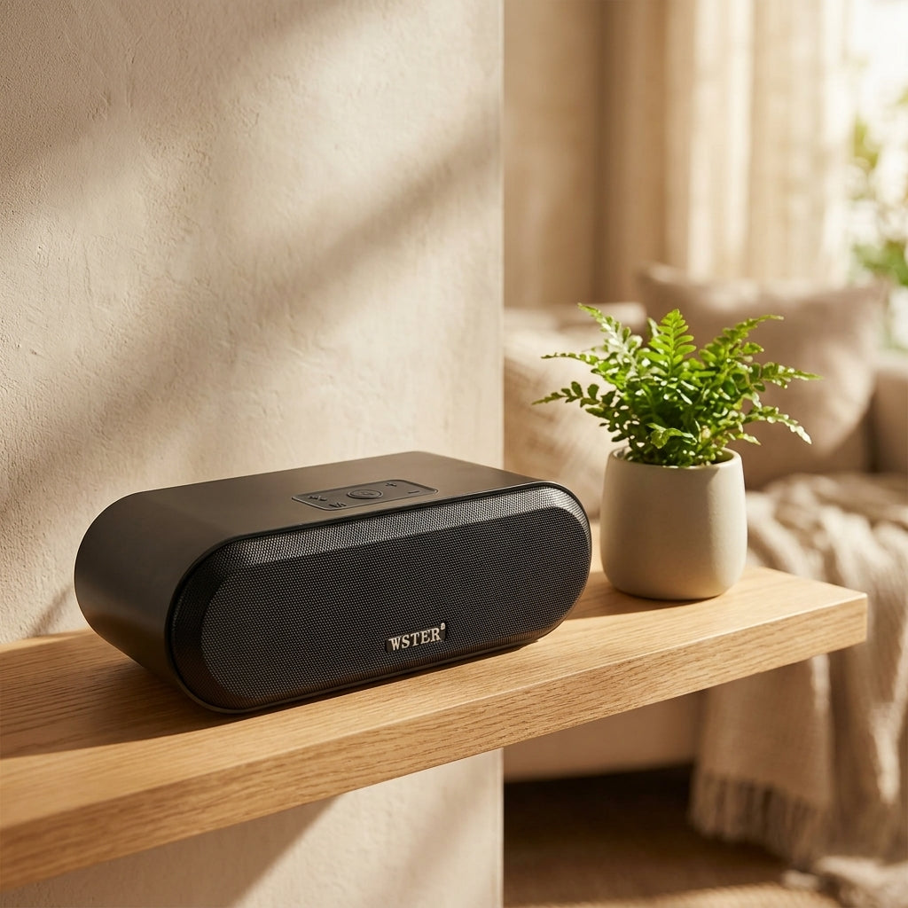 WSTER JC-820 black portable speaker sitting on a modern wooden shelf in a warm living room setup