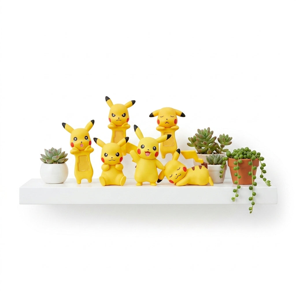 Multiple decorative Pokémon Hipper figures displayed together on a modern floating shelf