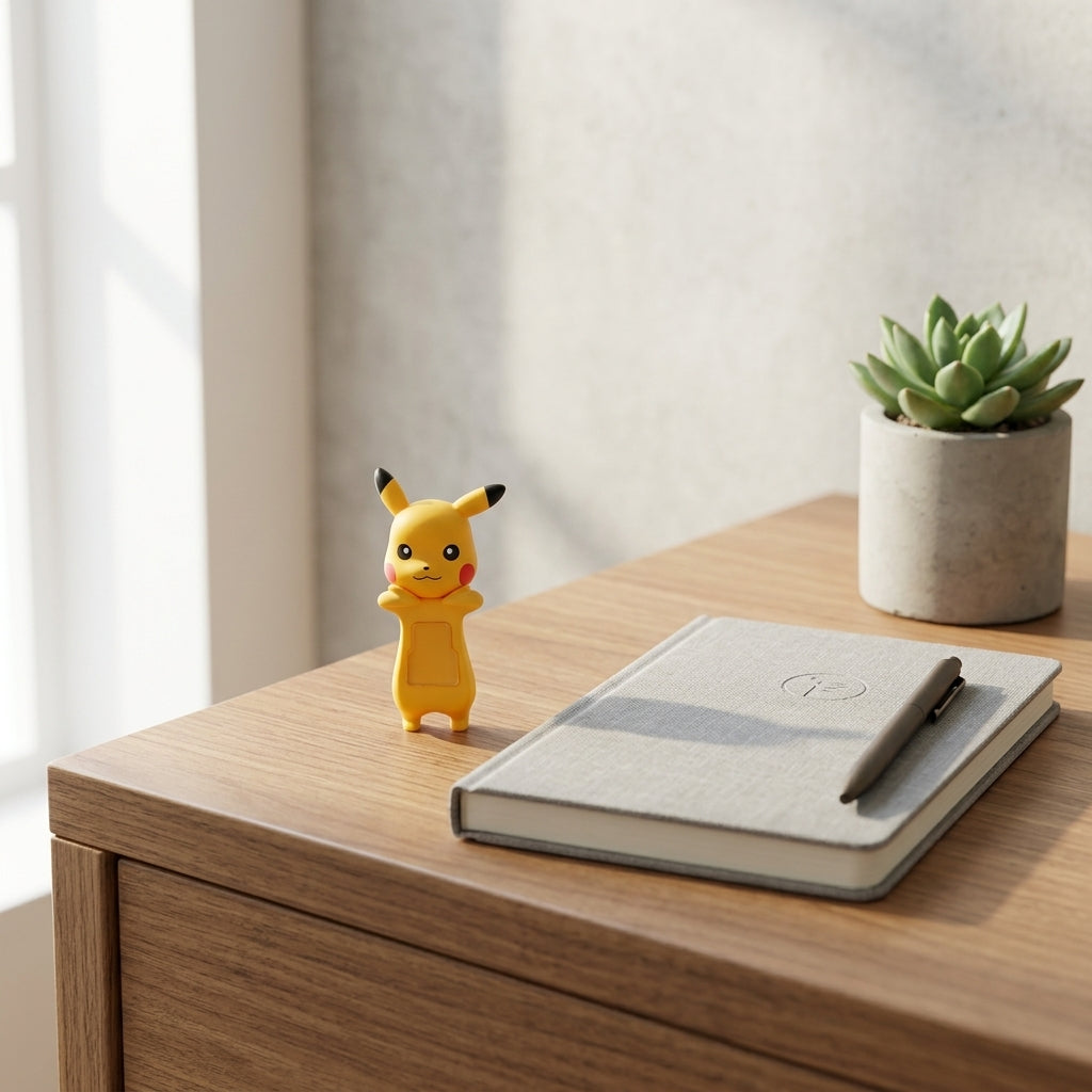 Pokémon Hipper mini Pikachu figure sitting on a modern wooden desk