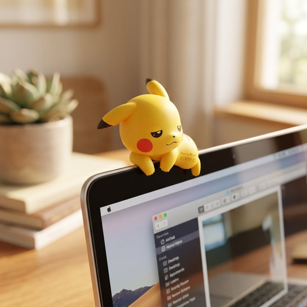 Cute Pokémon Hipper figure attached to a laptop monitor in a cozy home office setup
