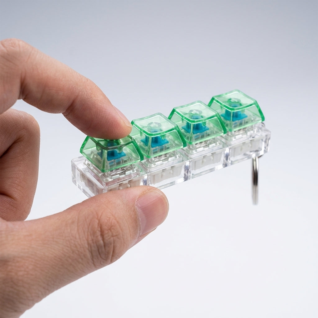 A close-up shot of a hand pressing a mechanical keyboard switch fidget keychain