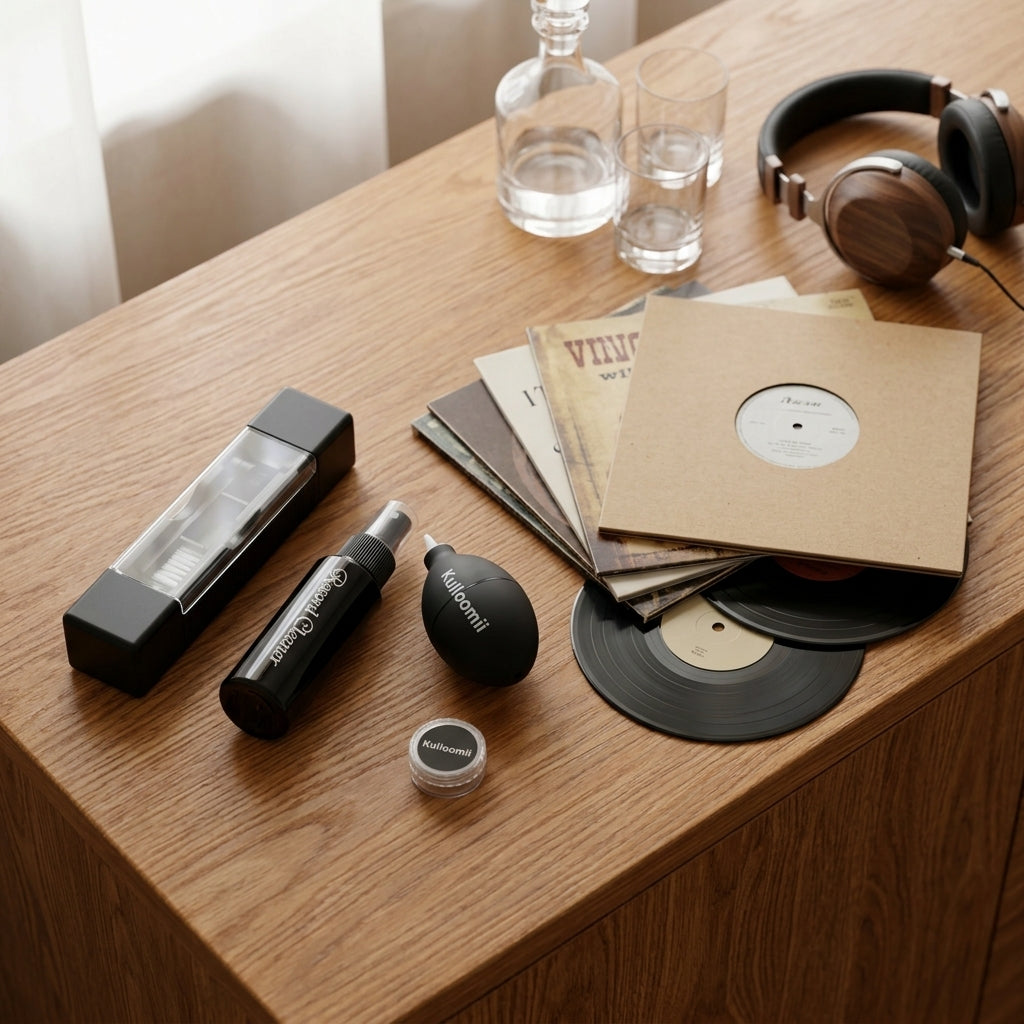 Premium lifestyle presentation of the record care kit components on a wooden cabinet
