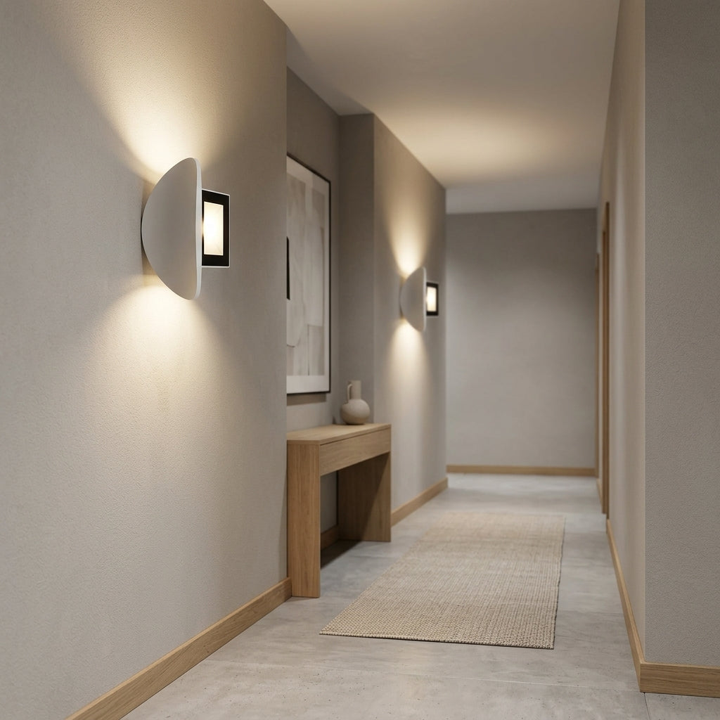 Modern hallway perspective with sequencing curved LED wall lights