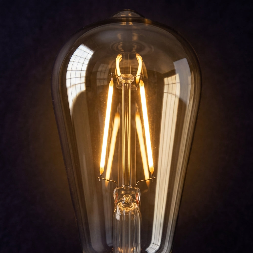 Amber-tinted 6W LED filament bulb close-up details showing glowing filament