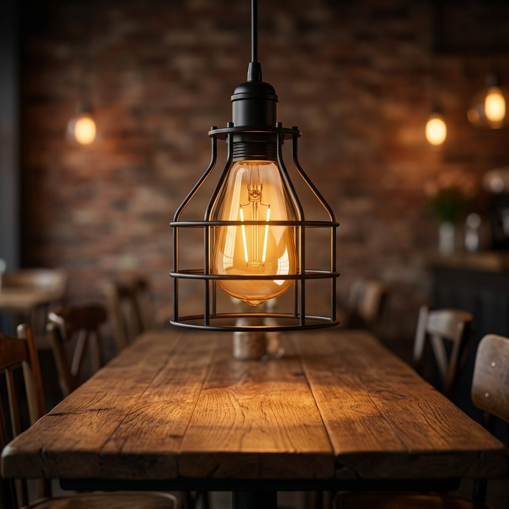 6W Filament LED Bulb E27 inside a black metal pendant light over café table