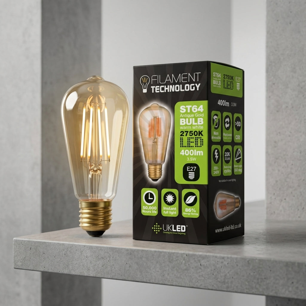 ST64 filament bulb next to its retail packaging box on modern shelf
