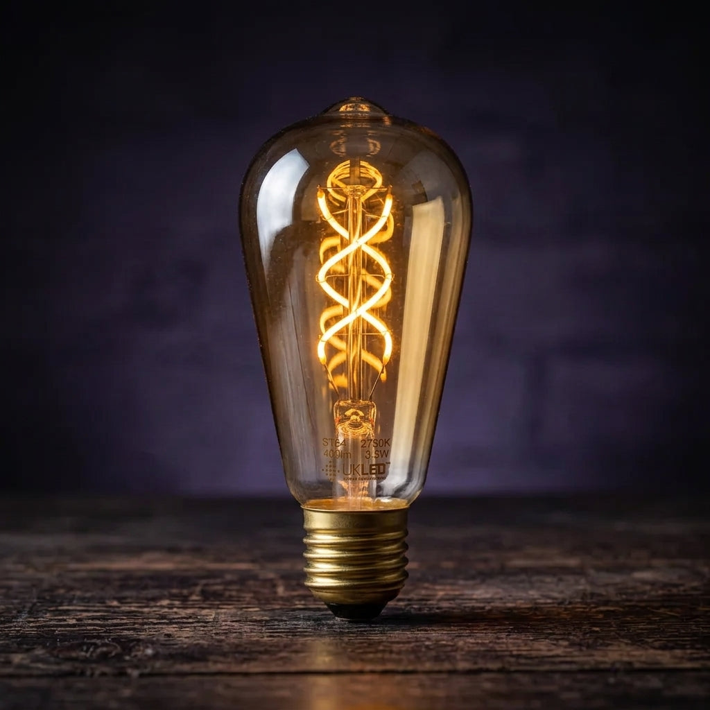 ST64 antique gold filament LED bulb glowing warm on wooden table