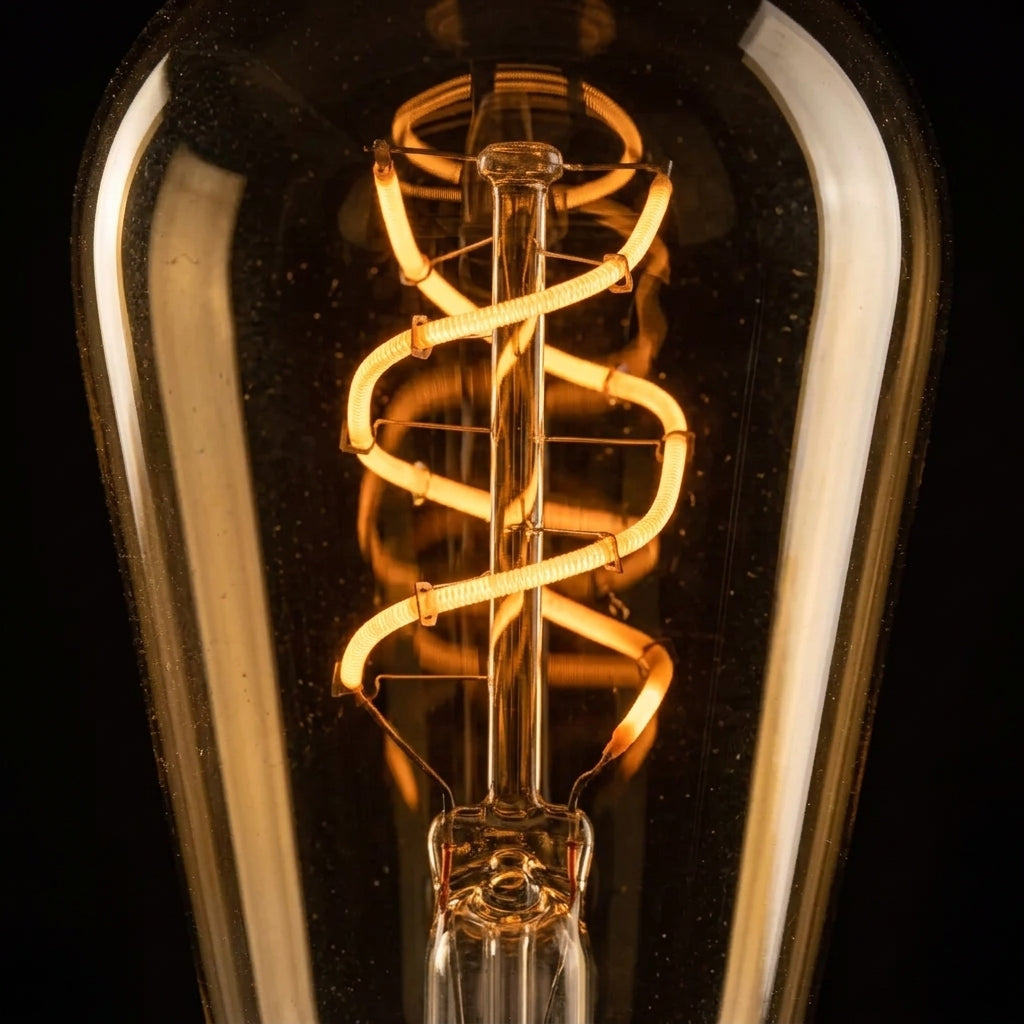 Close-up glowing vintage-style LED filament amber glass detail