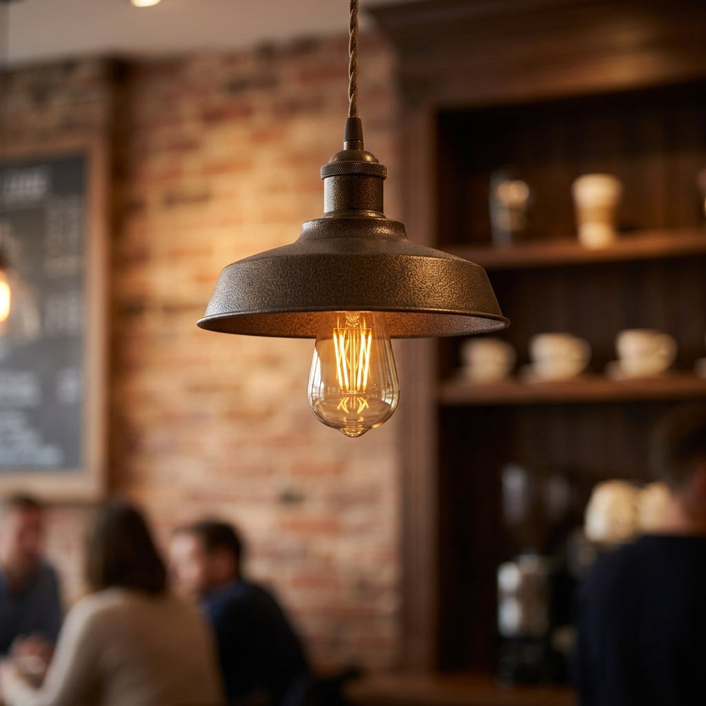 ST64 filament LED bulb hanging in cozy cafe pendant light