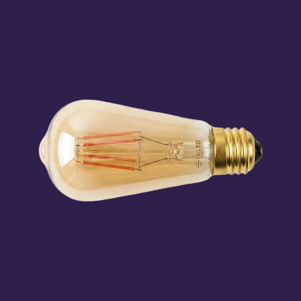 ST64 filament LED bulb flat lay view on seamless white background