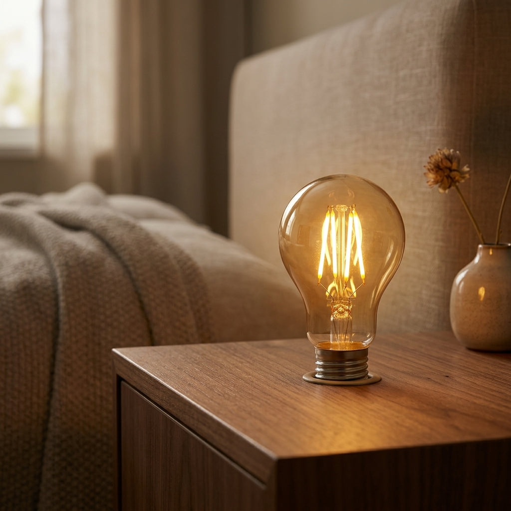 E27 Amber Bulb glowing on a cozy bedroom nightstand