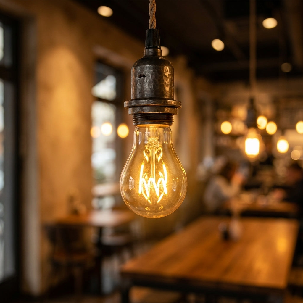 E27 Amber Bulb glowing in a warm cafe pendant light
