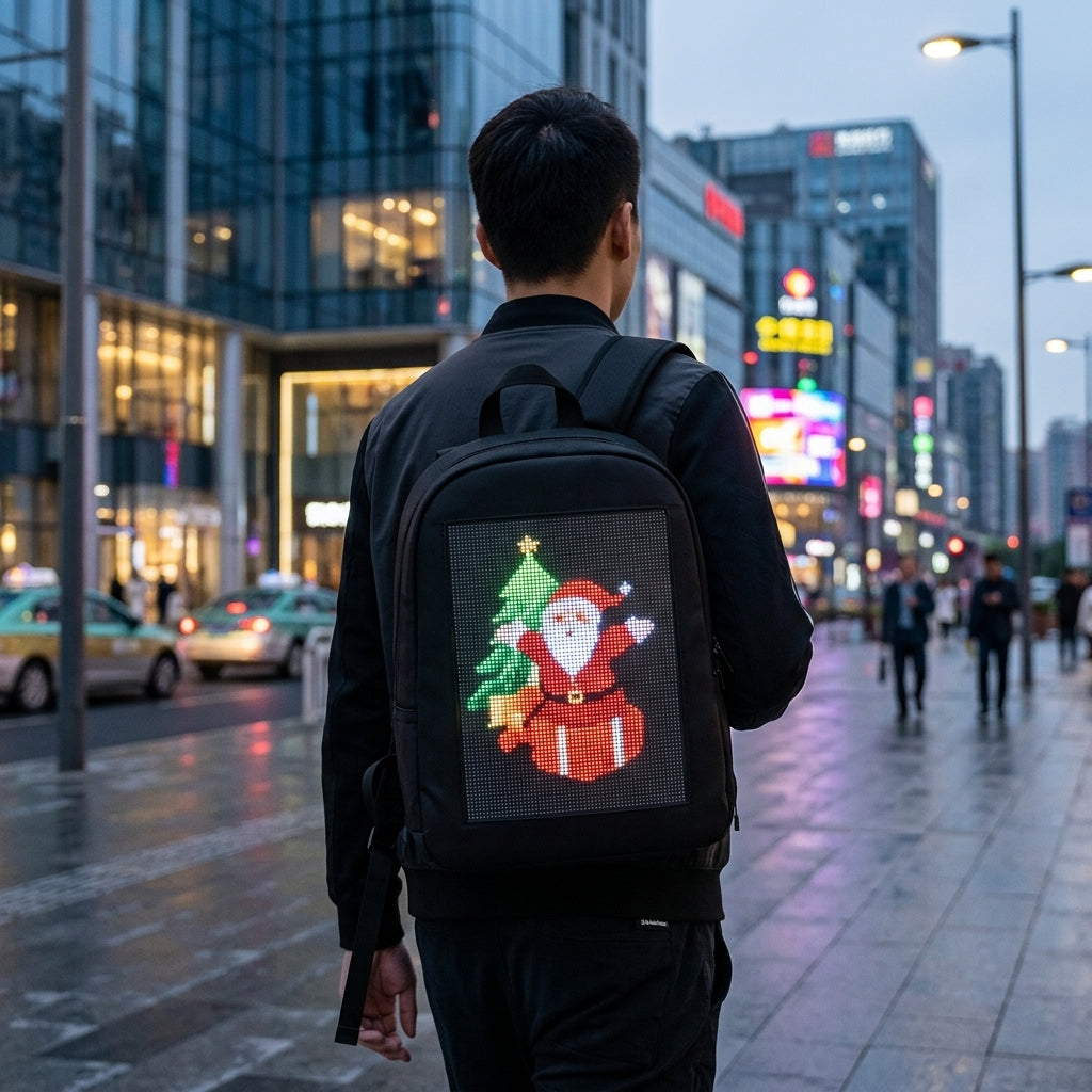 Small Smart LED Backpack worn on modern city street at dusk
