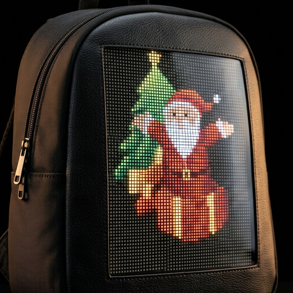 Close-up detail of the 64x64 pixel screen on the smart LED backpack