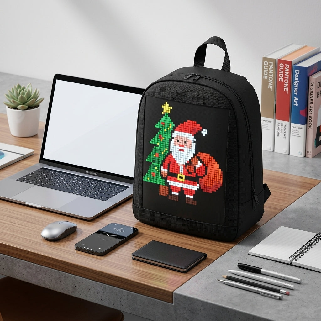 Small Smart LED Backpack on creative workspace desk next to a phone and laptop