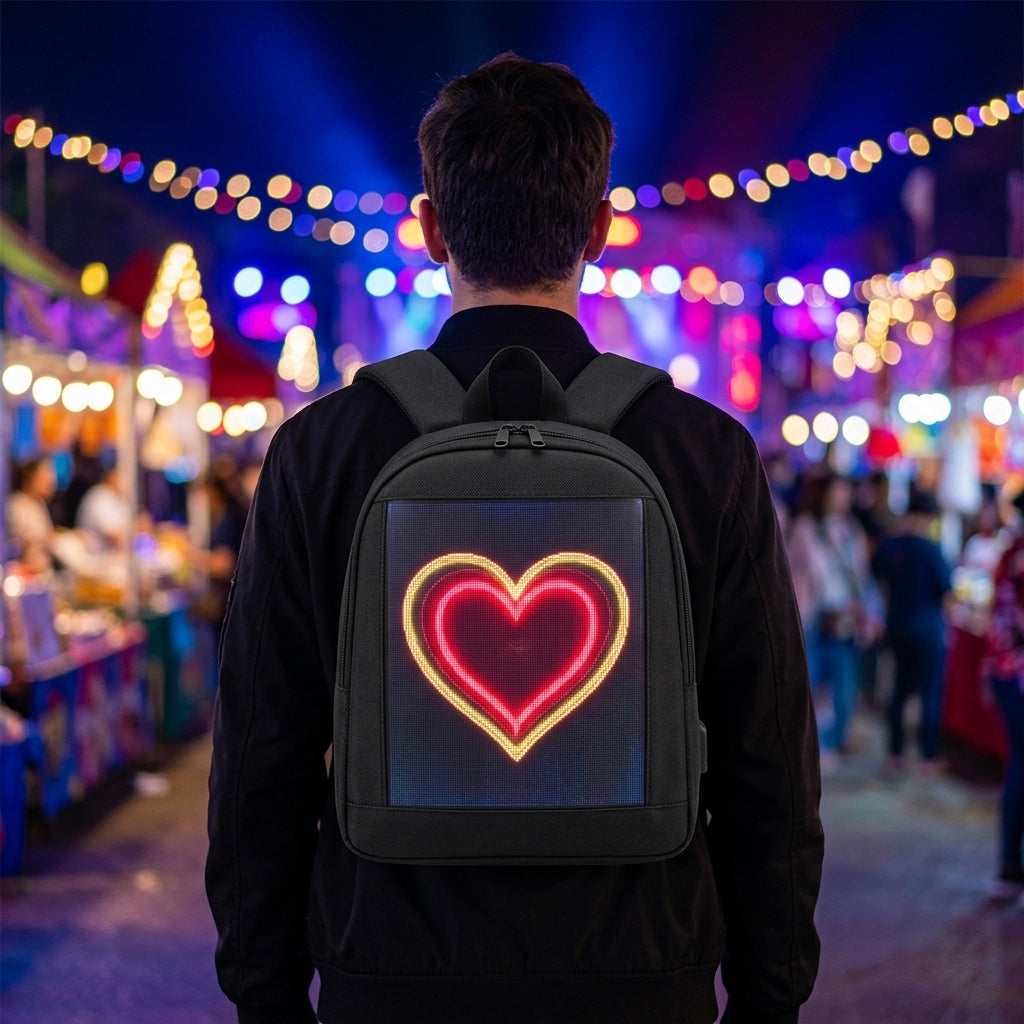 Person wearing the LED backpack at an evening festival with vibrant lights