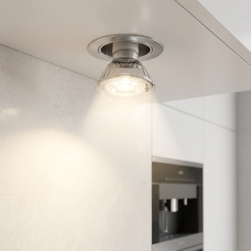 Value GU10 3W LED bulb installed in ceiling downlight with warm light beam