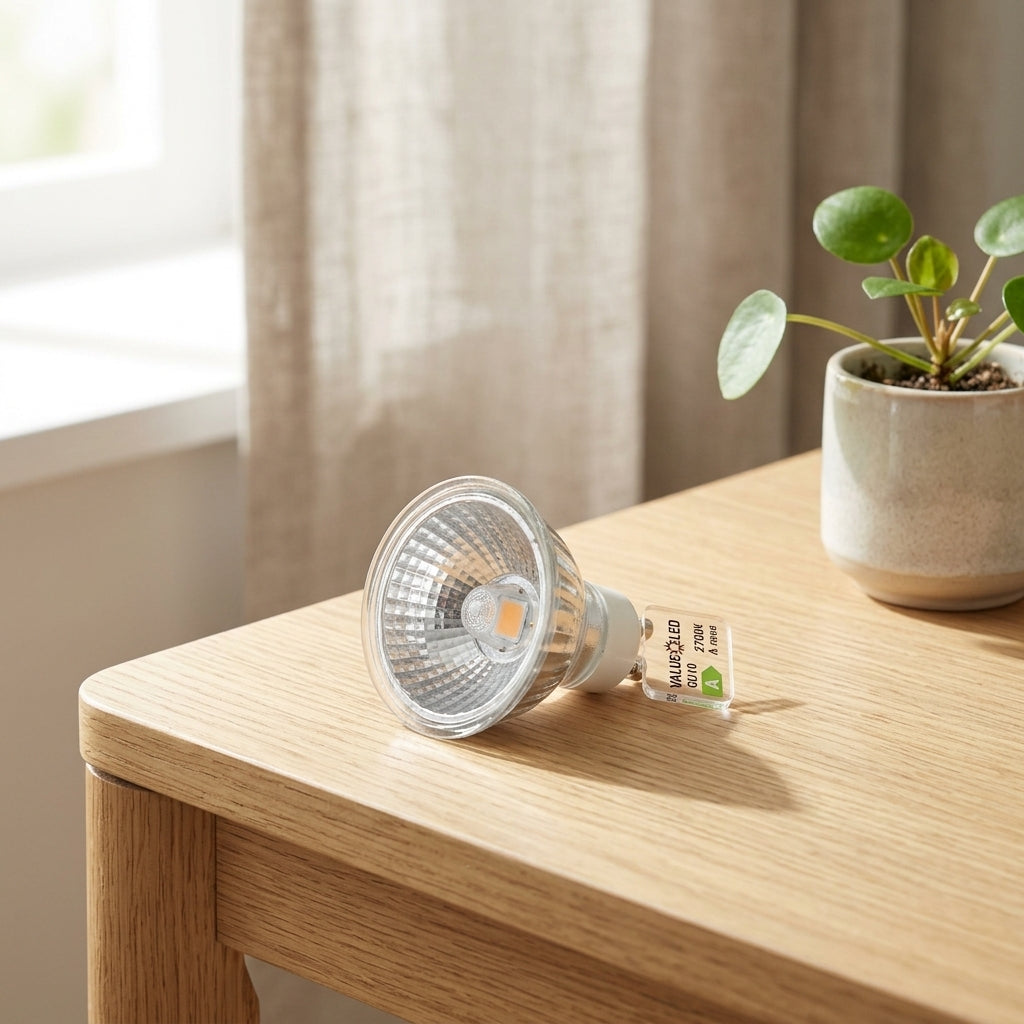 Value GU10 LED bulb on wooden table in a home setting