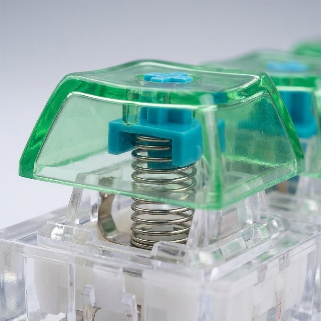Macro close-up focusing on the internal spring and tactile cyan stem of the translucent mechanical key switch