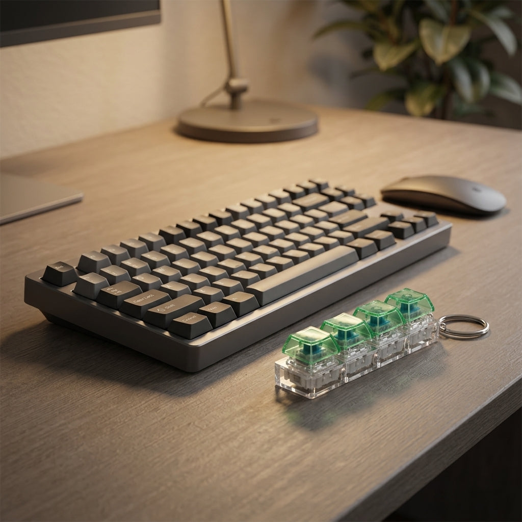 Mechanical keyboard switch fidget toy keychain lying on a modern desk next to a mechanical keyboard