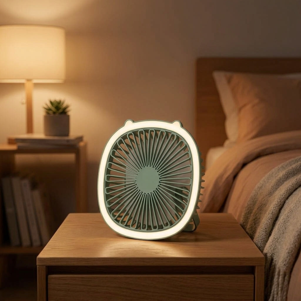 Sage green circular desktop fan standing on a wooden bedside nightstand glowing softly with integrated LED ring light
