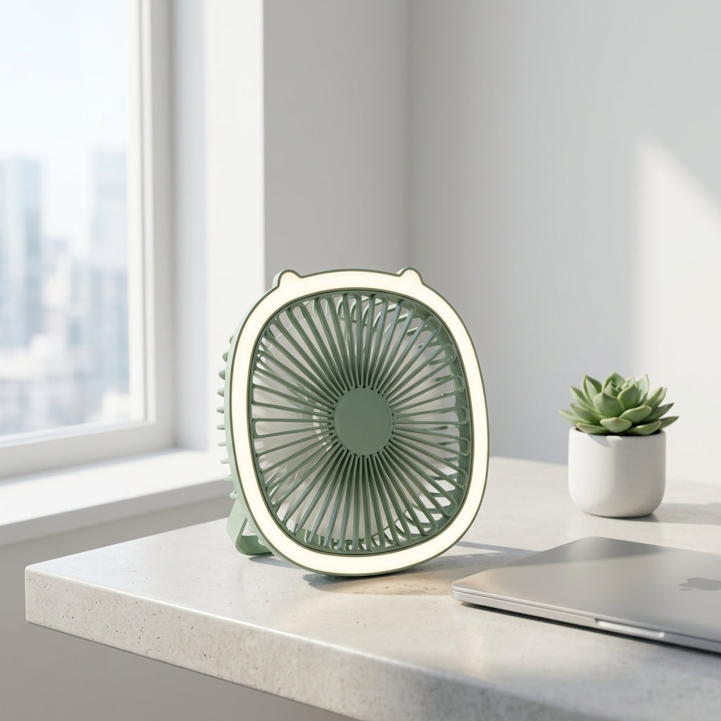 Sage green circular desktop fan on a bright, minimalist modern workspace desk next to a sleek laptop