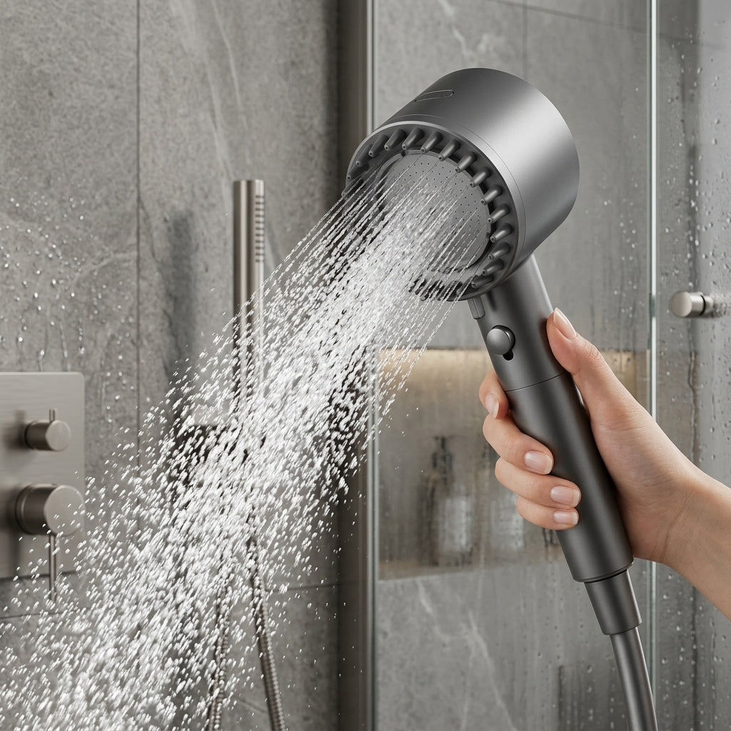Handheld shower head in use with high pressure water spray