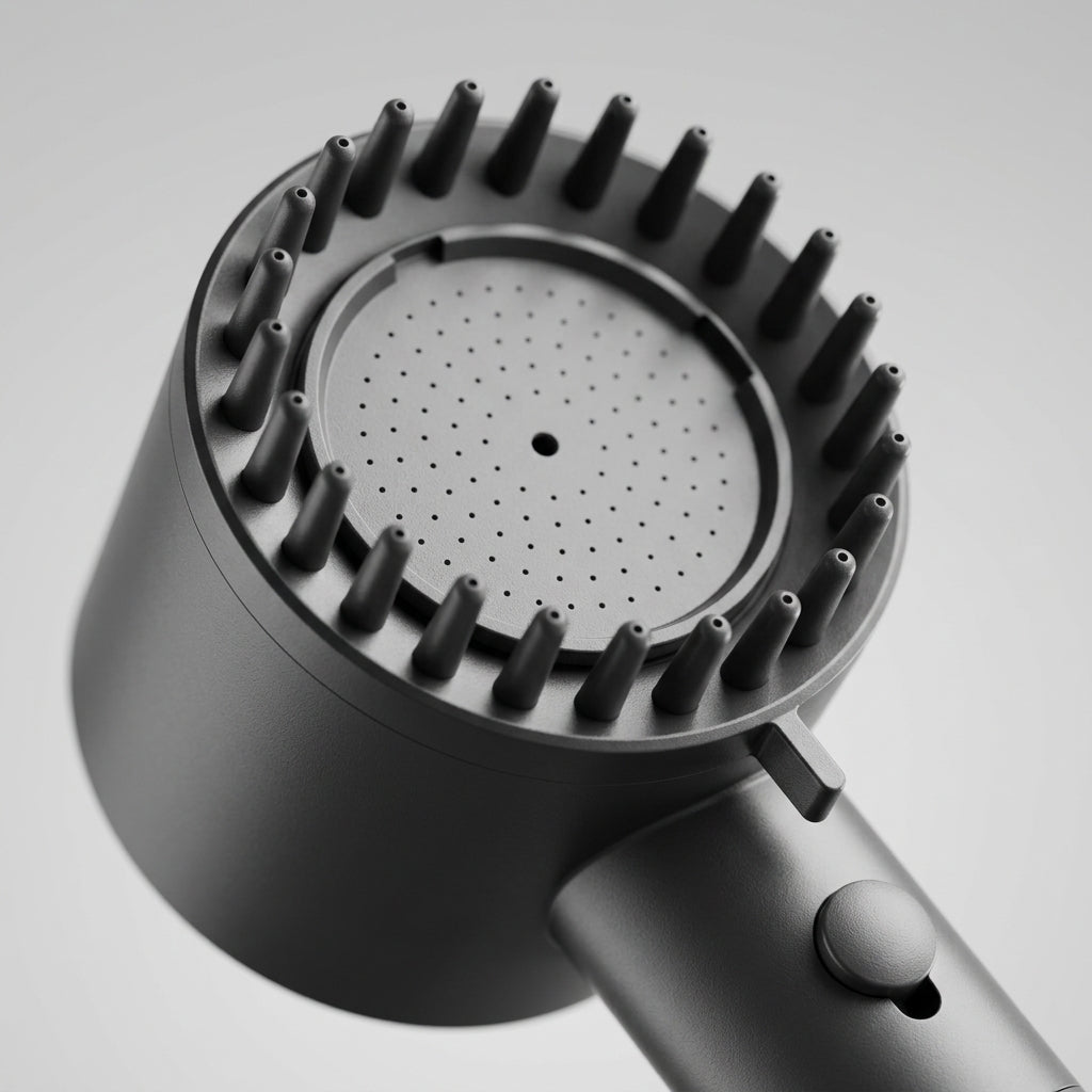 Close-up of nozzle plate and push button mode switch on handheld shower head