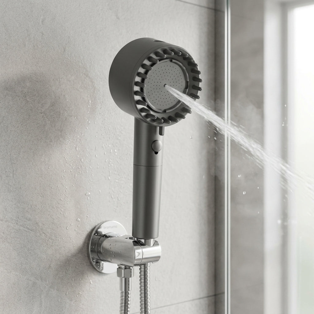 Charcoal grey handheld shower head mounted in modern bathroom