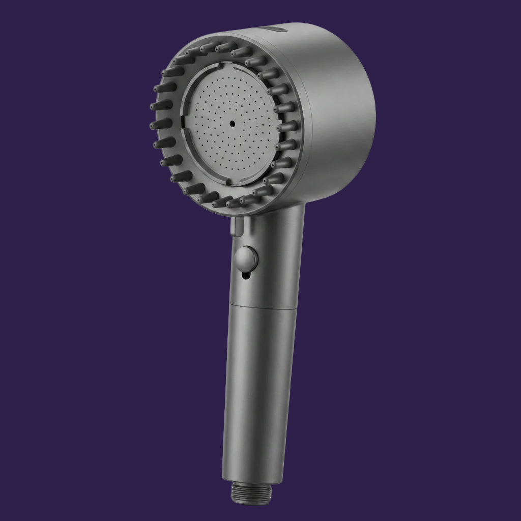 Charcoal grey handheld shower head studio view
