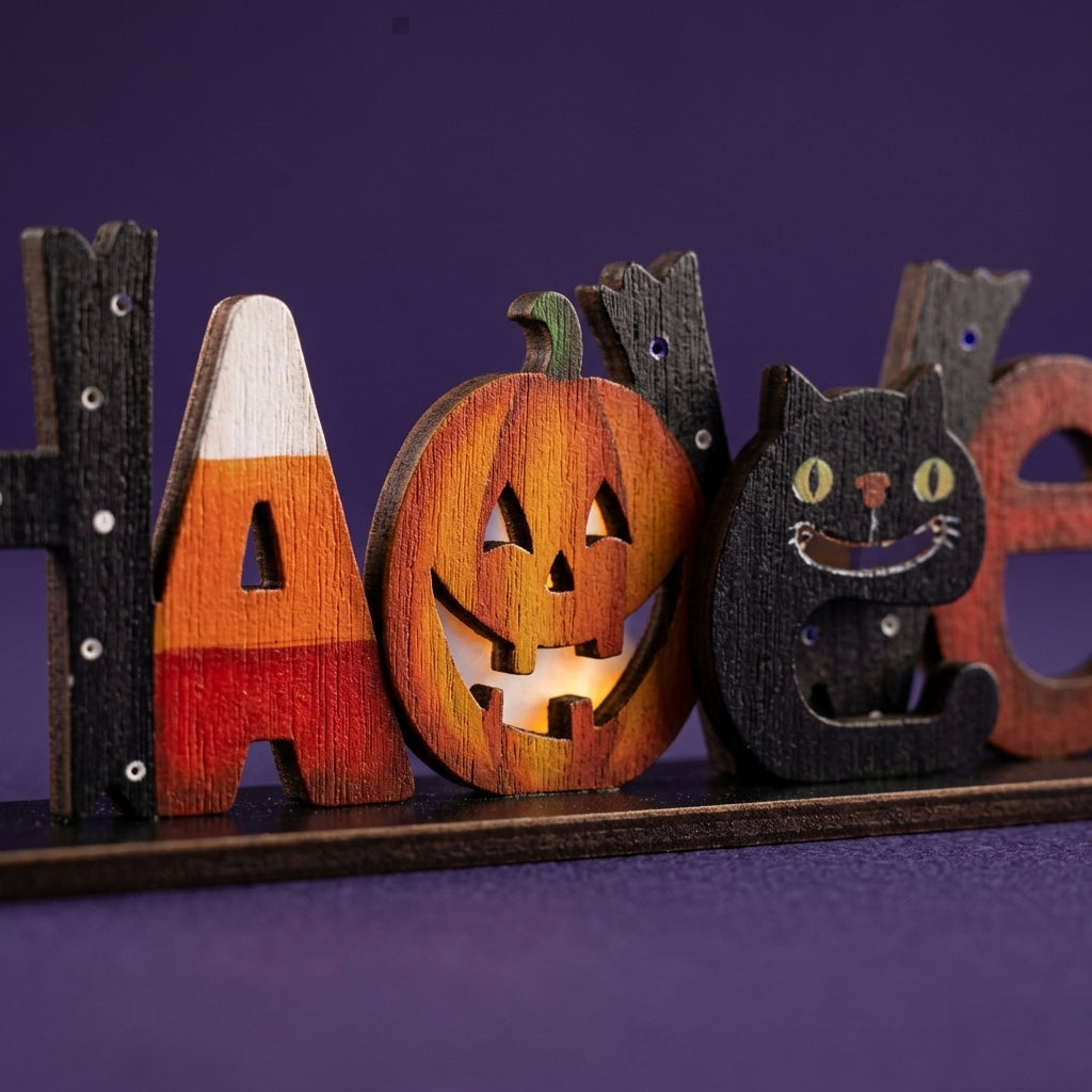 Halloween Pumpkin Wooden Letters Desk Topper Detail Close-up