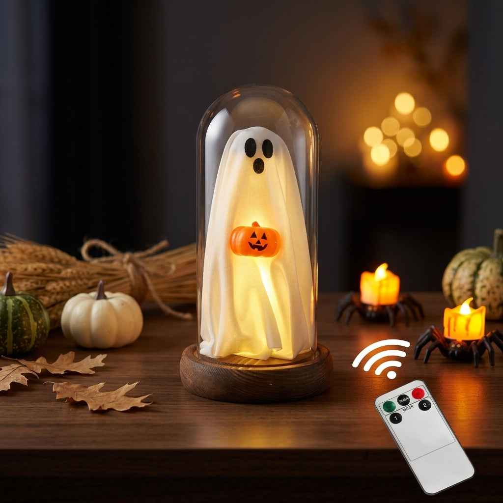 Halloween Decorations Indoor-Light Up Ghost in Glass Cloche-Cute Ghost with Light
