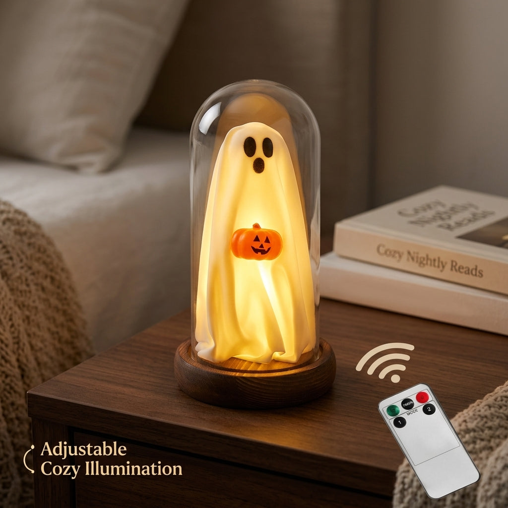Light Up Ghost in Glass Cloche - Bedside Remote Control Feature