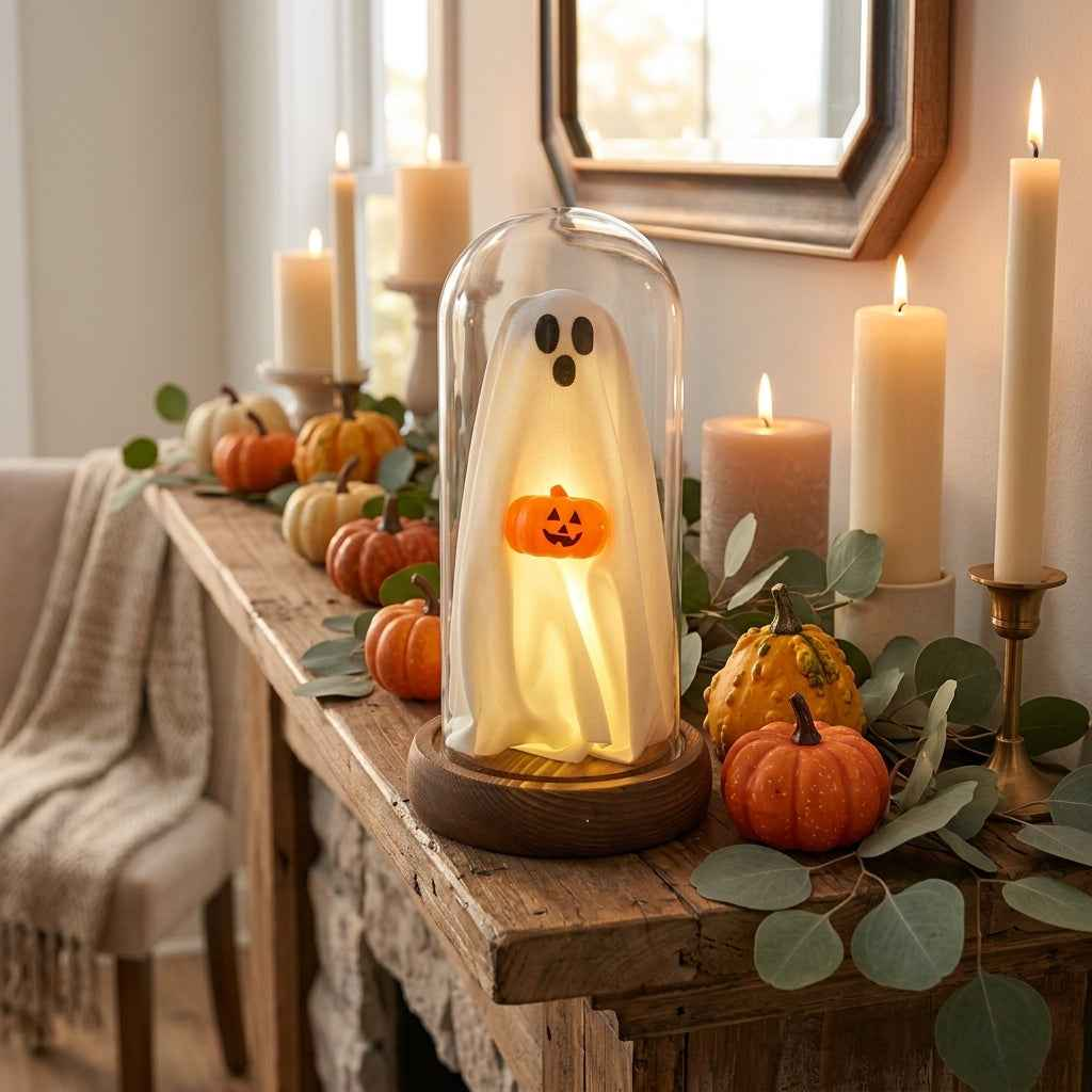Halloween Decorations Indoor-Light Up Ghost in Glass Cloche-Cute Ghost with Light