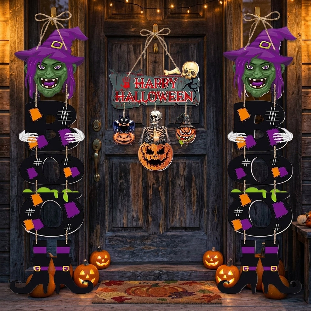 Halloween 3-piece door hangings and BOO wall signs on front porch door