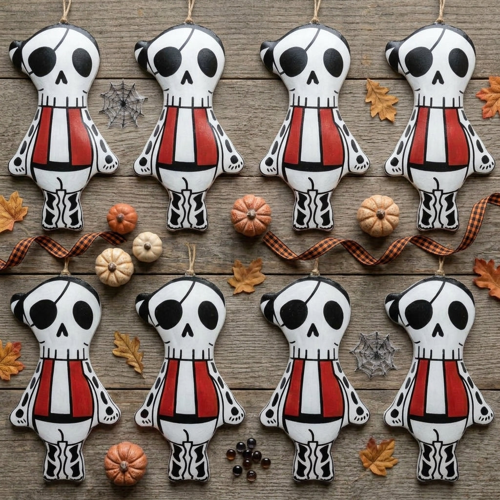 Flat lay styling of hanging pirate skull skeleton ornaments